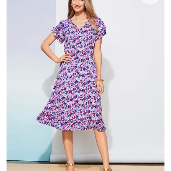 Talbots Paradise Purple Floral Flutter‎ Sleeve Popover Midi Dress Size 16W - Picture 2 of 13